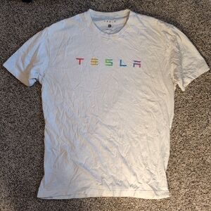 Tesla Rainbow Pride Logo White Tee Shirt